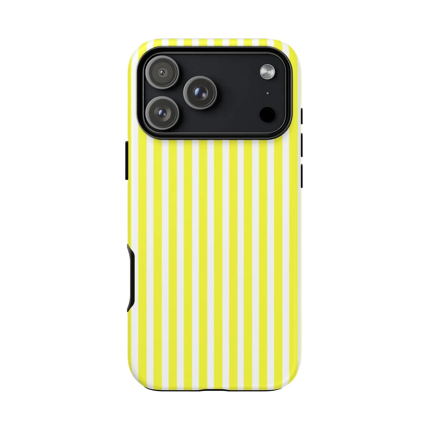 Back side of a white striped tough phone case cover in banana yellow and white for iphone 13 pro max with black camera cutout