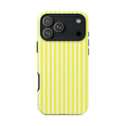 Back side of a white striped tough phone case cover in banana yellow and white for iphone 13 pro max with black camera cutout