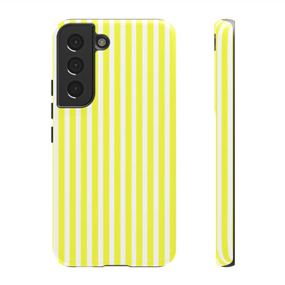 Back view of a phone case cover with vibrant banana yellow and white striped tough shell for samsung galaxy s21