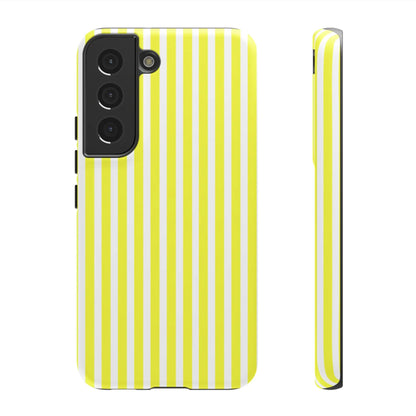Back view of a banana yellow and white striped tough phone case cover for samsung galaxy s21 hard shell protection