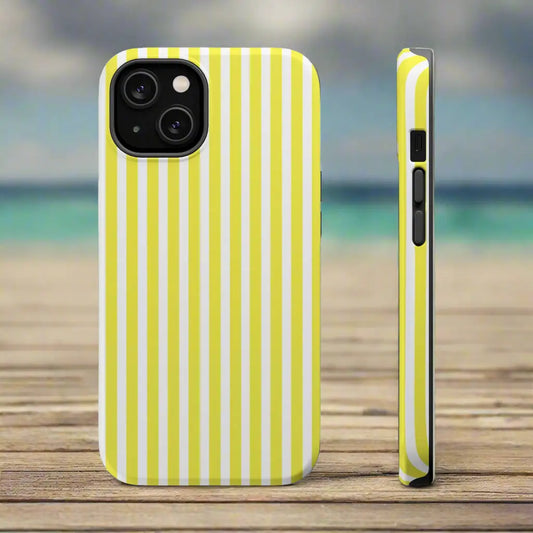 Back side of a banana yellow and white striped tough phone case cover with a hard shell design for iPhone Samsung and Google
