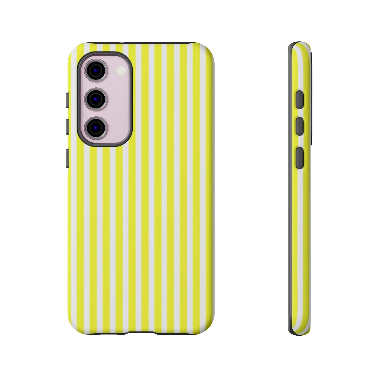 Phone case cover showing the back side with banana yellow and white striped tough hard shell design for protection