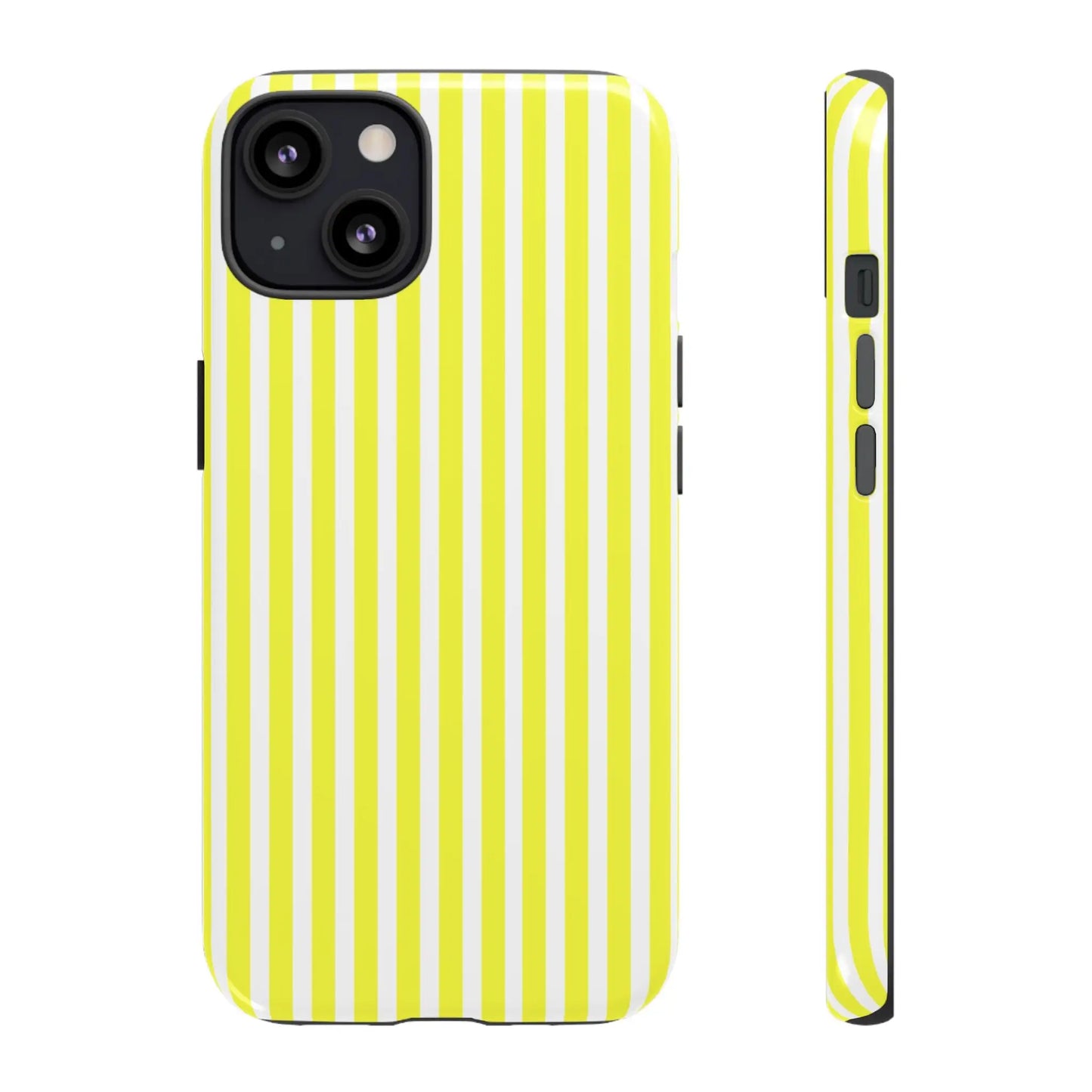 Back side of a vibrant banana yellow and white striped tough phone case cover with a hard shell design for iPhone Samsung Google