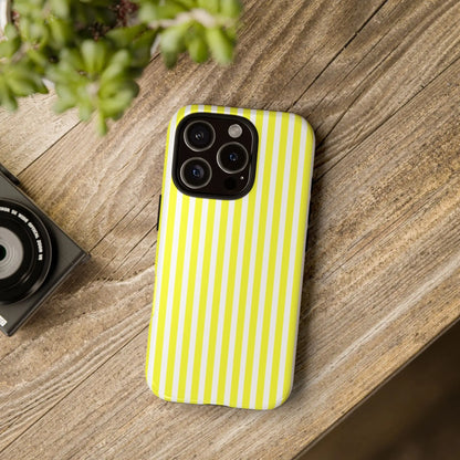 Back side of a banana yellow and white striped tough phone case cover with hard shell protection for iphone samsung google