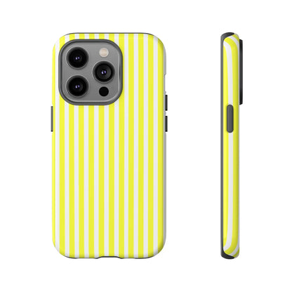 Back side of a banana yellow and white striped tough phone case cover with hard shell protection for iphone samsung google