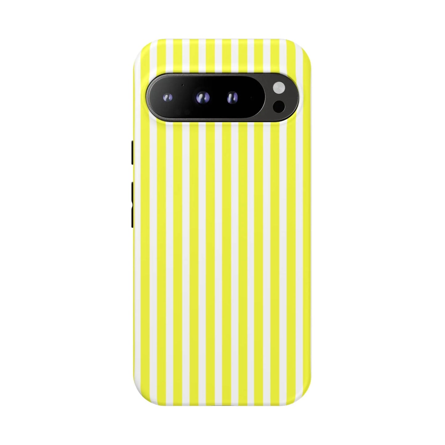 Back side of a phone case cover with vibrant banana yellow and white striped tough hard shell for iphone samsung google