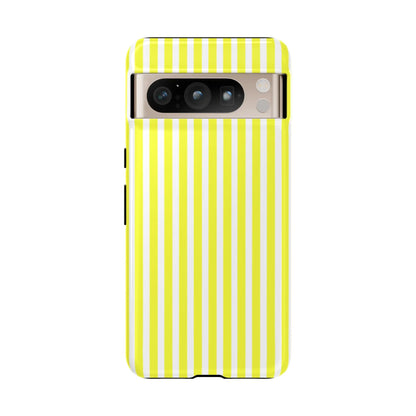 Back side of a banana yellow and white striped tough phone case cover with a hard shell design for iphone samsung google