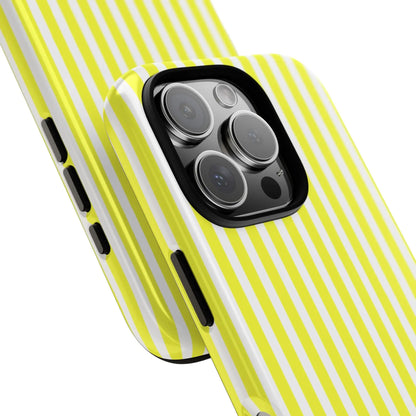 Back side of a vibrant lime green and white striped tough phone case cover with black camera cutout for iphone samsung google