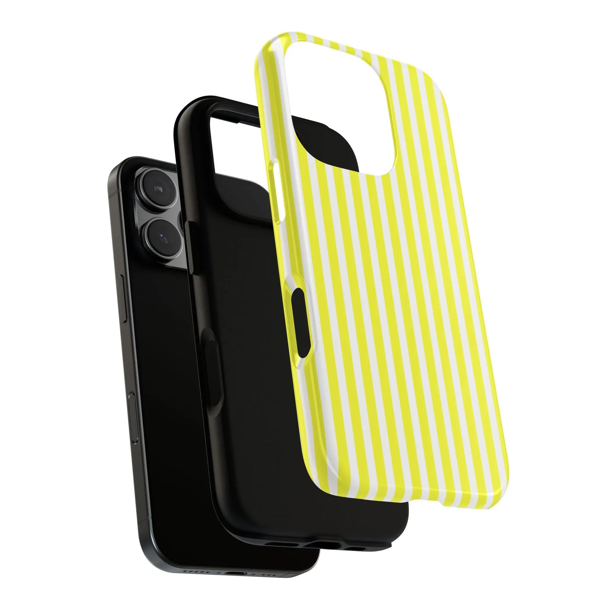 Back side of a banana yellow and white striped tough phone case cover with a glossy hard shell for iphone samsung google