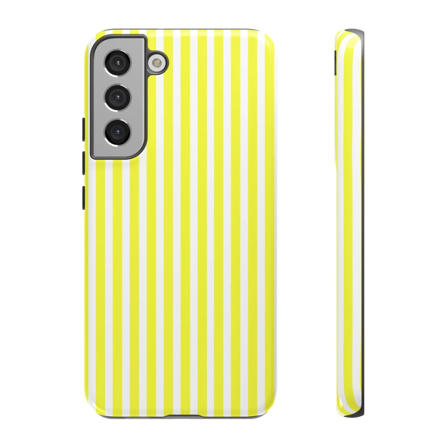 Back side of a banana yellow and white striped tough phone case cover for samsung galaxy s21 series smartphone