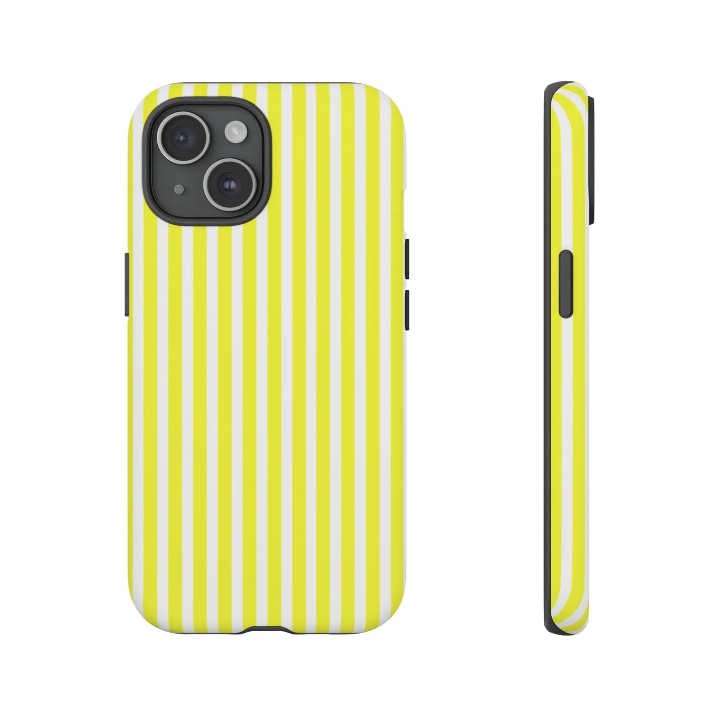 Phone case cover with vibrant banana yellow and white striped tough design and sleek protective hard shell back side