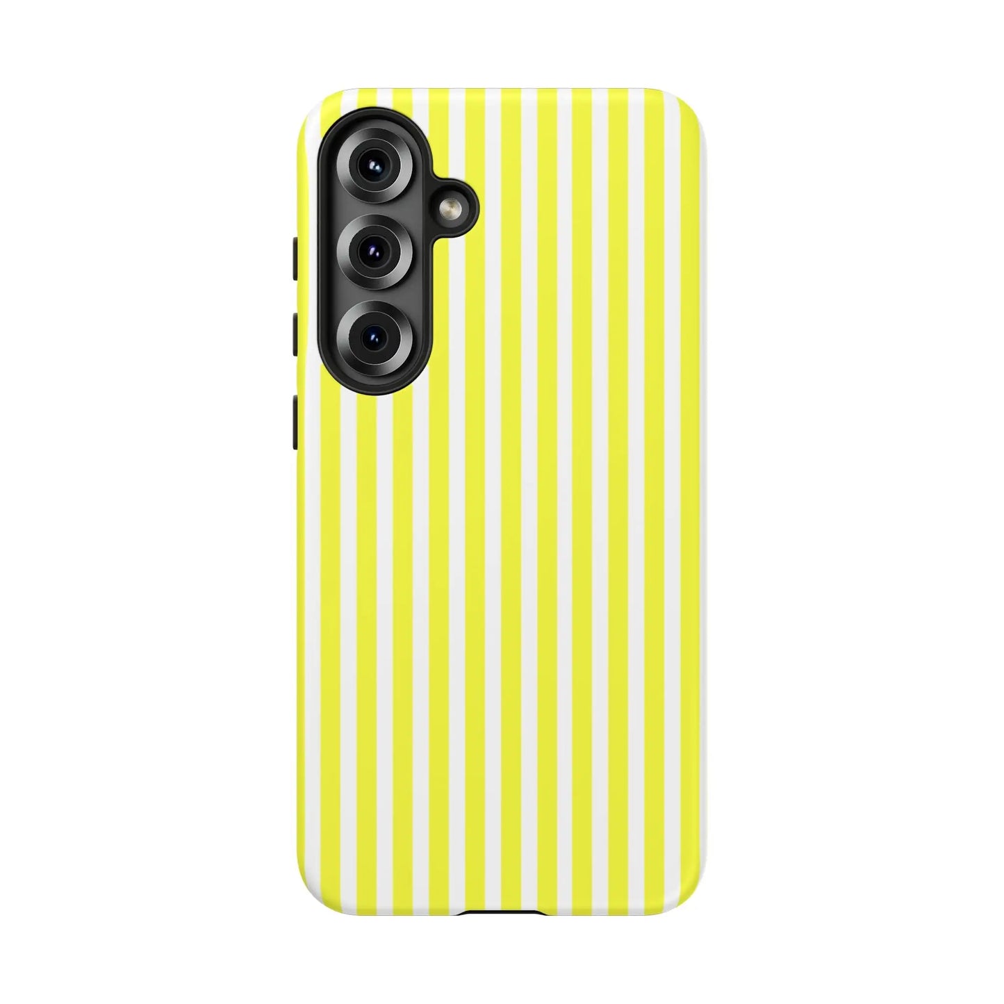 Back of a banana yellow and white striped tough phone case cover with a hard shell and black camera module
