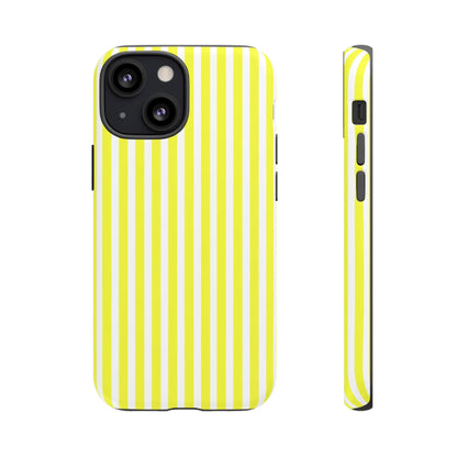 Photo of the back side of a banana yellow and white striped tough phone case cover with a hard shell design