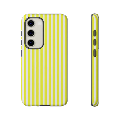 Vibrant banana yellow and white striped tough phone case cover with a hard shell protective design shown from the back