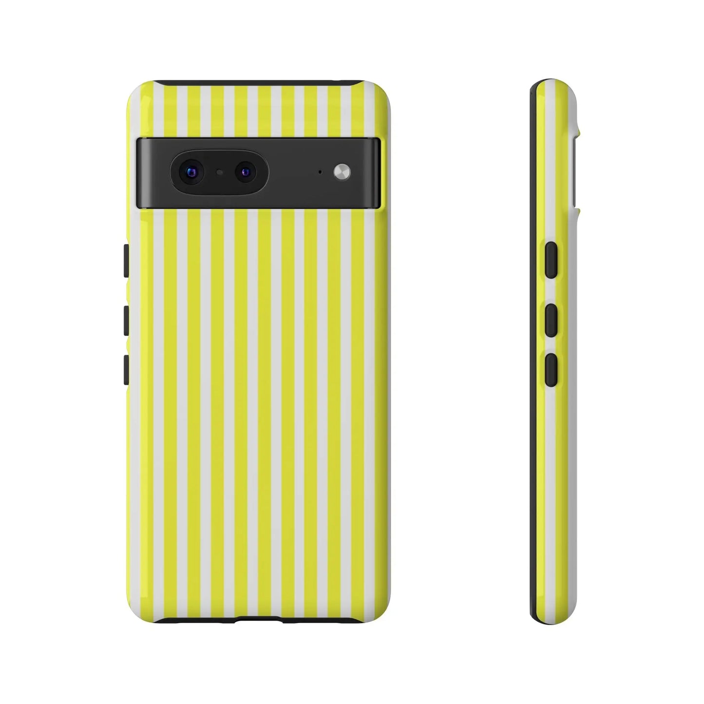 Back side of a banana yellow and white striped tough phone case cover with hard shell protection for iphone samsung google