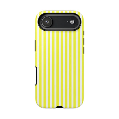 Vibrant banana yellow and white striped tough phone case cover with black camera cutout for iphone 13 pro back side