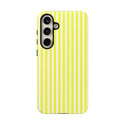 Back side of a banana yellow and white striped tough phone case cover with a hard shell design for iphone samsung google