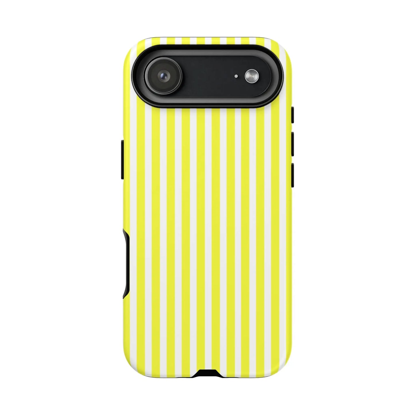 Back side of a banana yellow and white striped tough phone case cover with black camera cutout for iphone 13