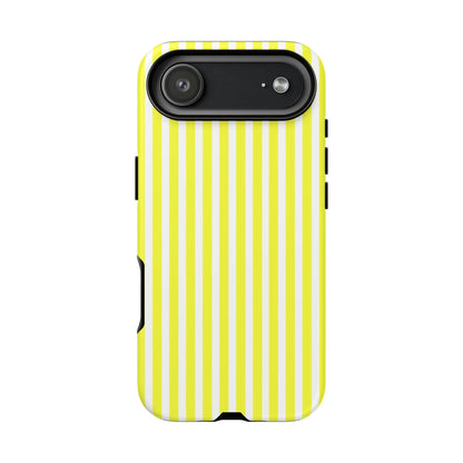 Back side of a banana yellow and white striped tough phone case cover with black camera cutout for iphone 13