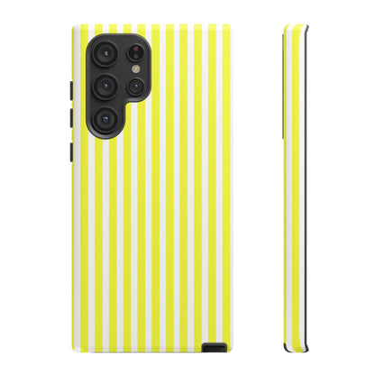 Back side of a banana yellow and white striped tough phone case cover with a hard shell design for iphone samsung google
