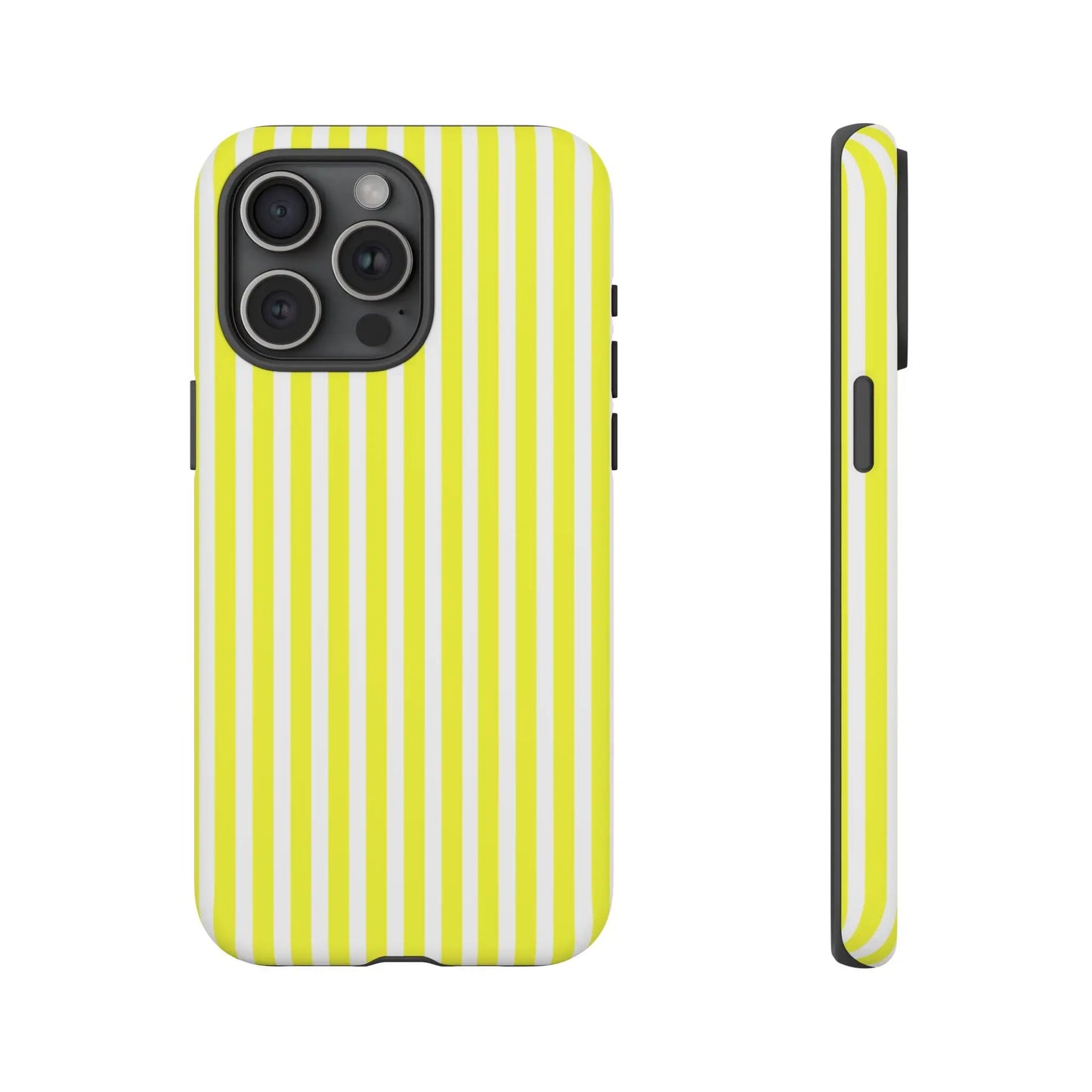 Back view of a vibrant lime green and white striped tough phone case cover for iphone 13 pro with hard shell design