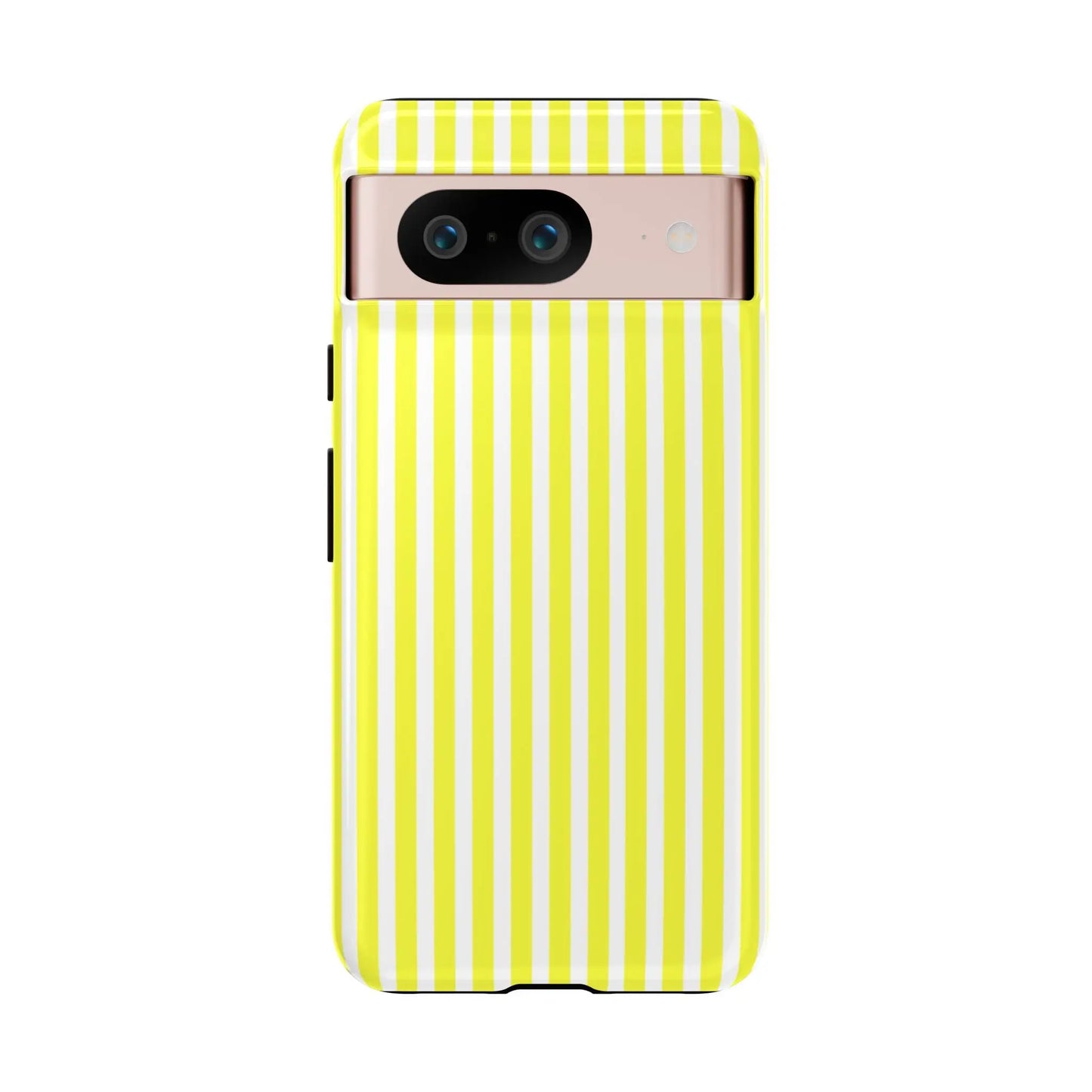 Back side of a vibrant banana yellow and white striped tough phone case cover with hard shell for iphone samsung google