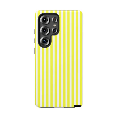 Vibrant banana yellow and white striped tough phone case cover with hard shell protective design shown from back side