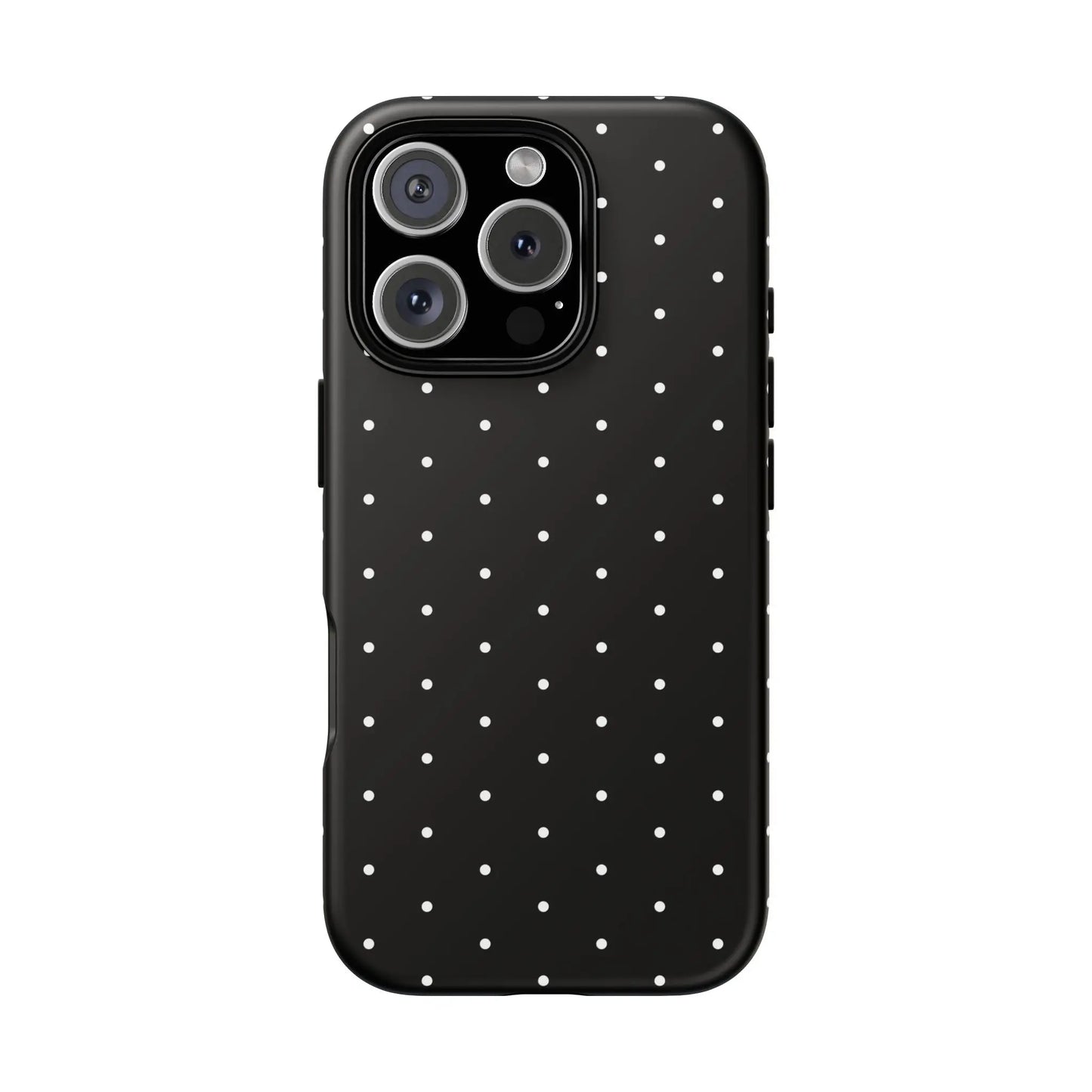 Black tough phone case with elegant black design and white polka dots shown from the back side