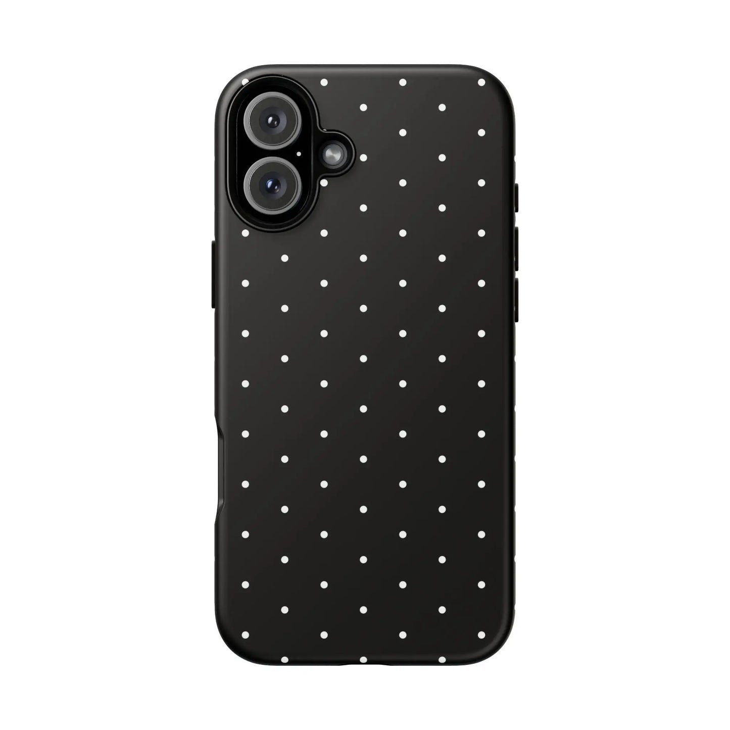 Elegant black tough phone case with white polka dots showing the back side in minimalist stylish design