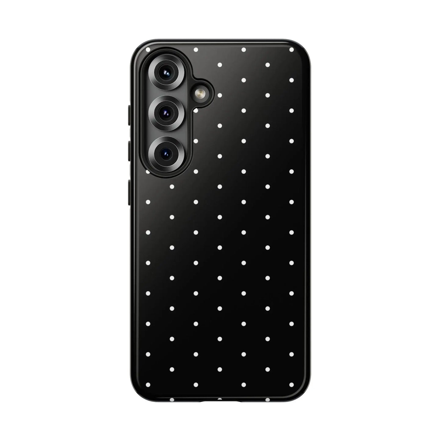 Elegant black tough phone case with white polka dots and sleek glossy finish shown from the back side