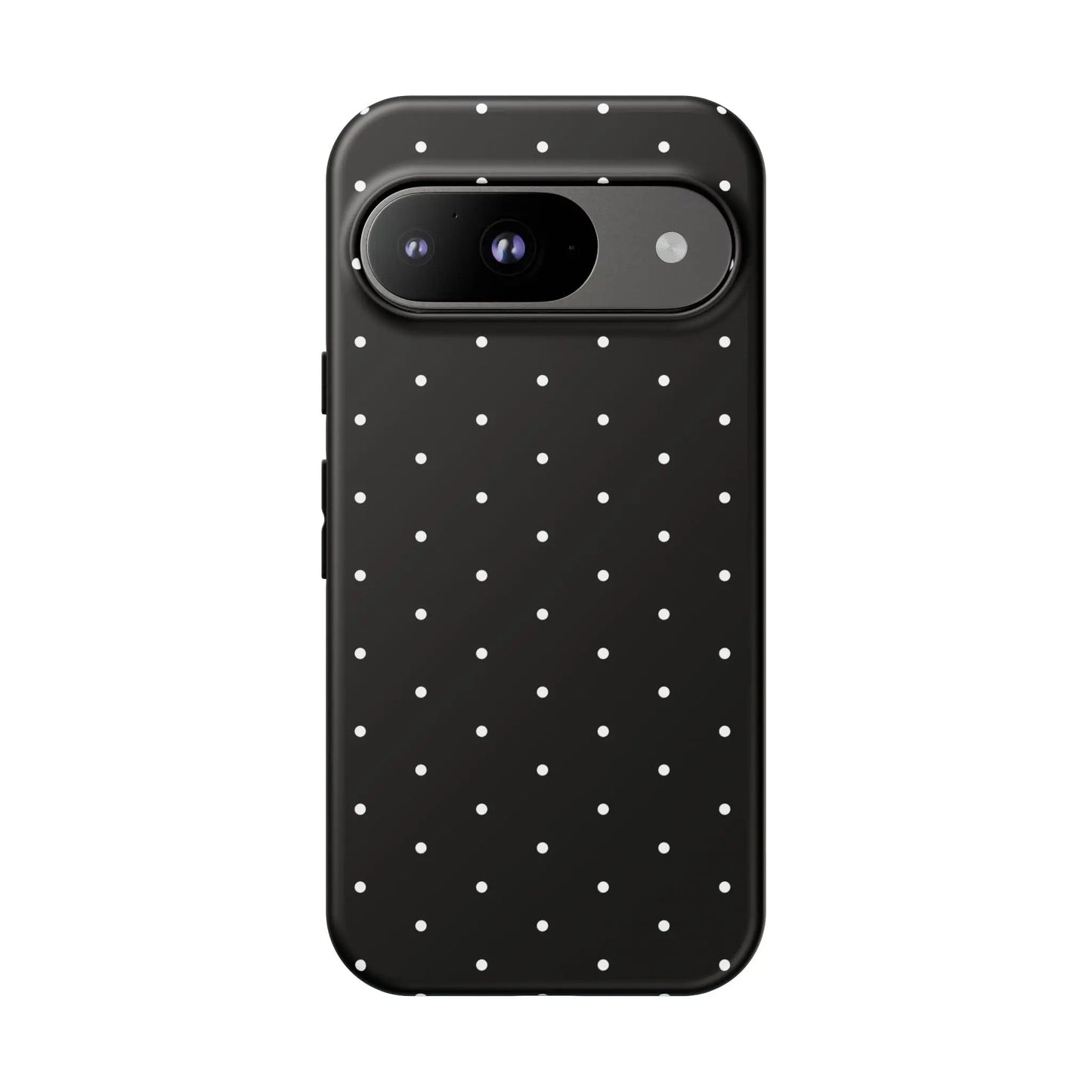 Back view of an elegant black tough phone case with white polka dots stylish protective cover for gift giving