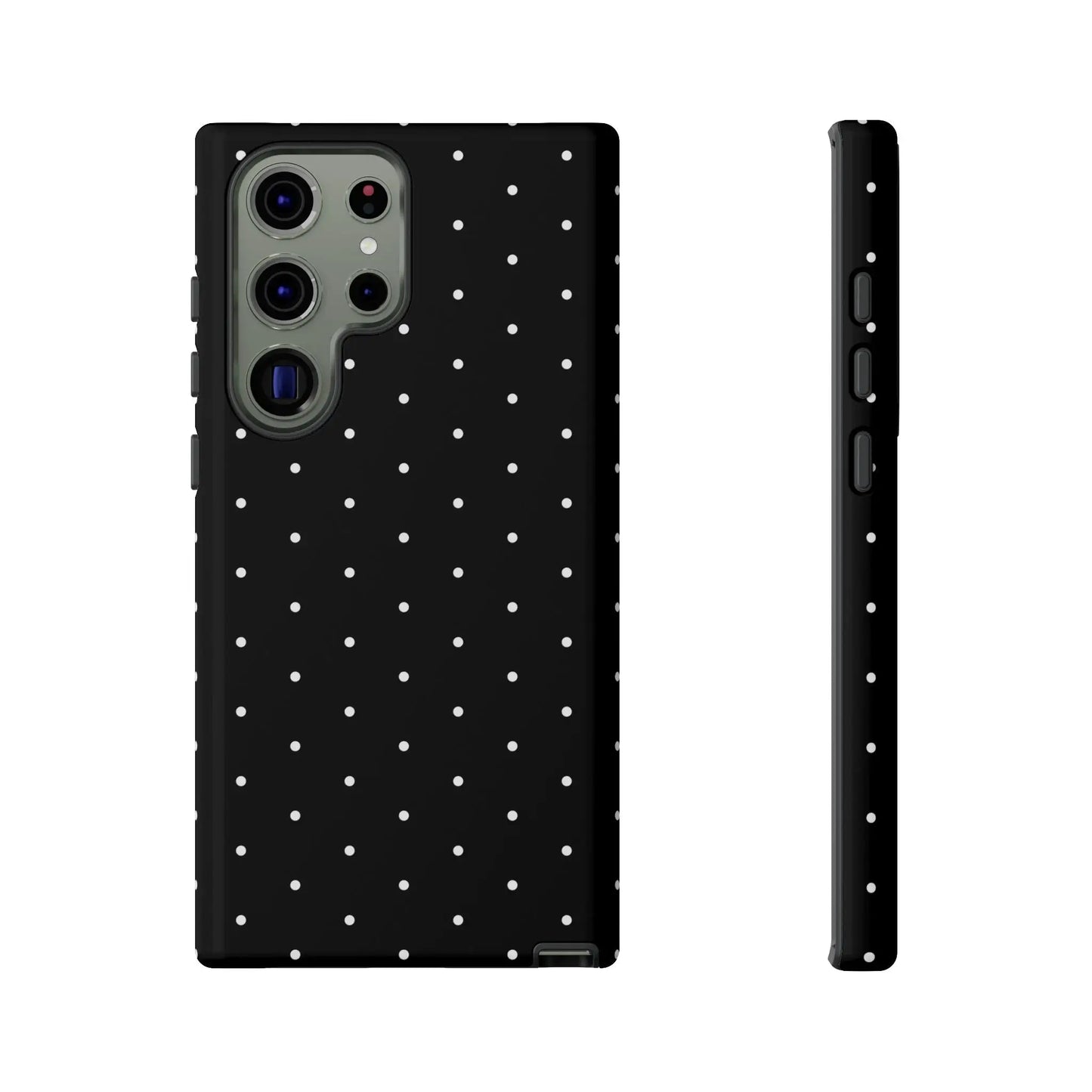 Elegant black tough phone case with white polka dots shown from the back is a stylish protective cover