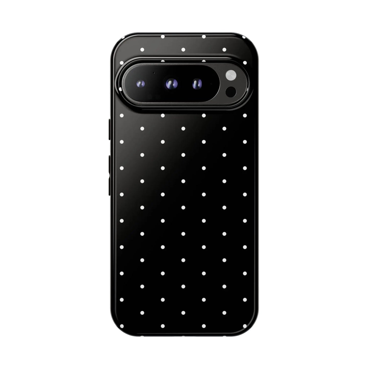 Elegant black tough phone case with white polka dots showing the back side, stylish protective cover for gifts