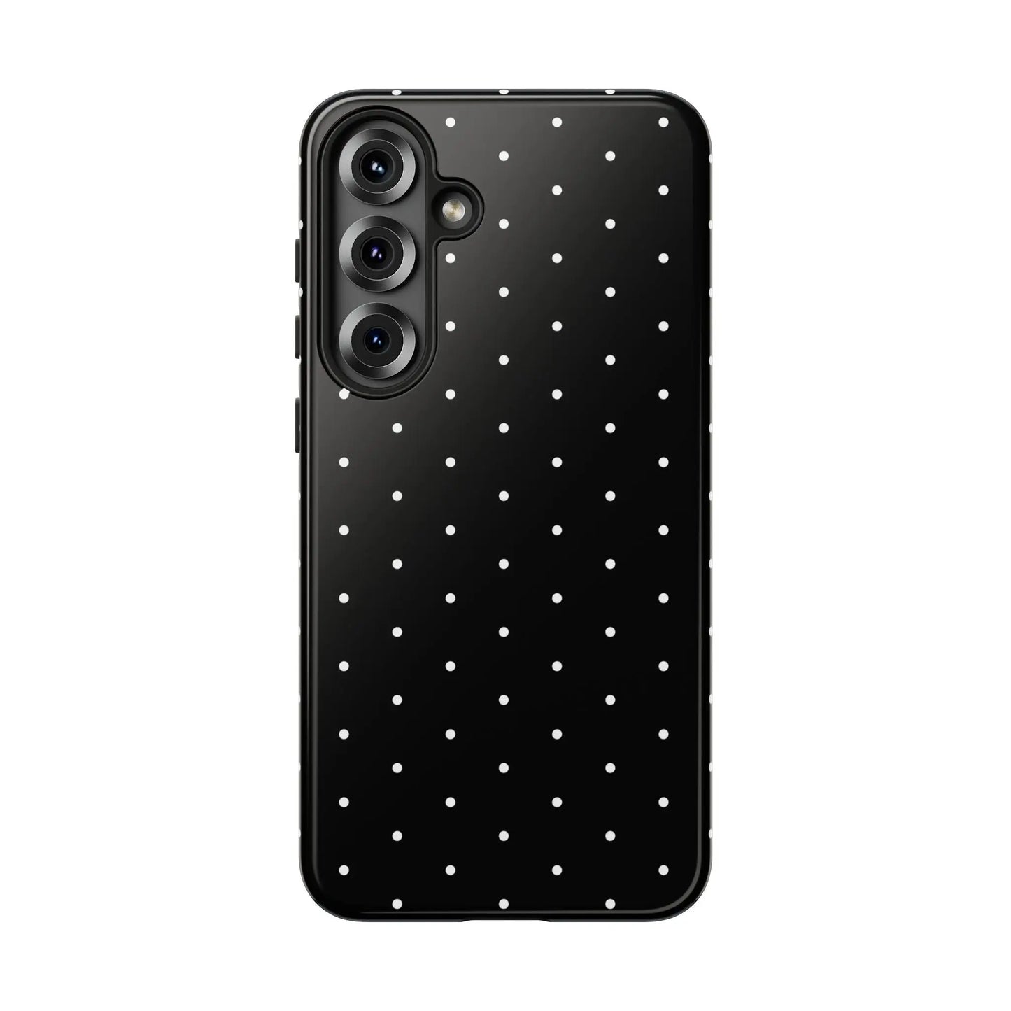 Back of elegant black tough phone case with white polka dots minimalist protective cover for gift or daily use