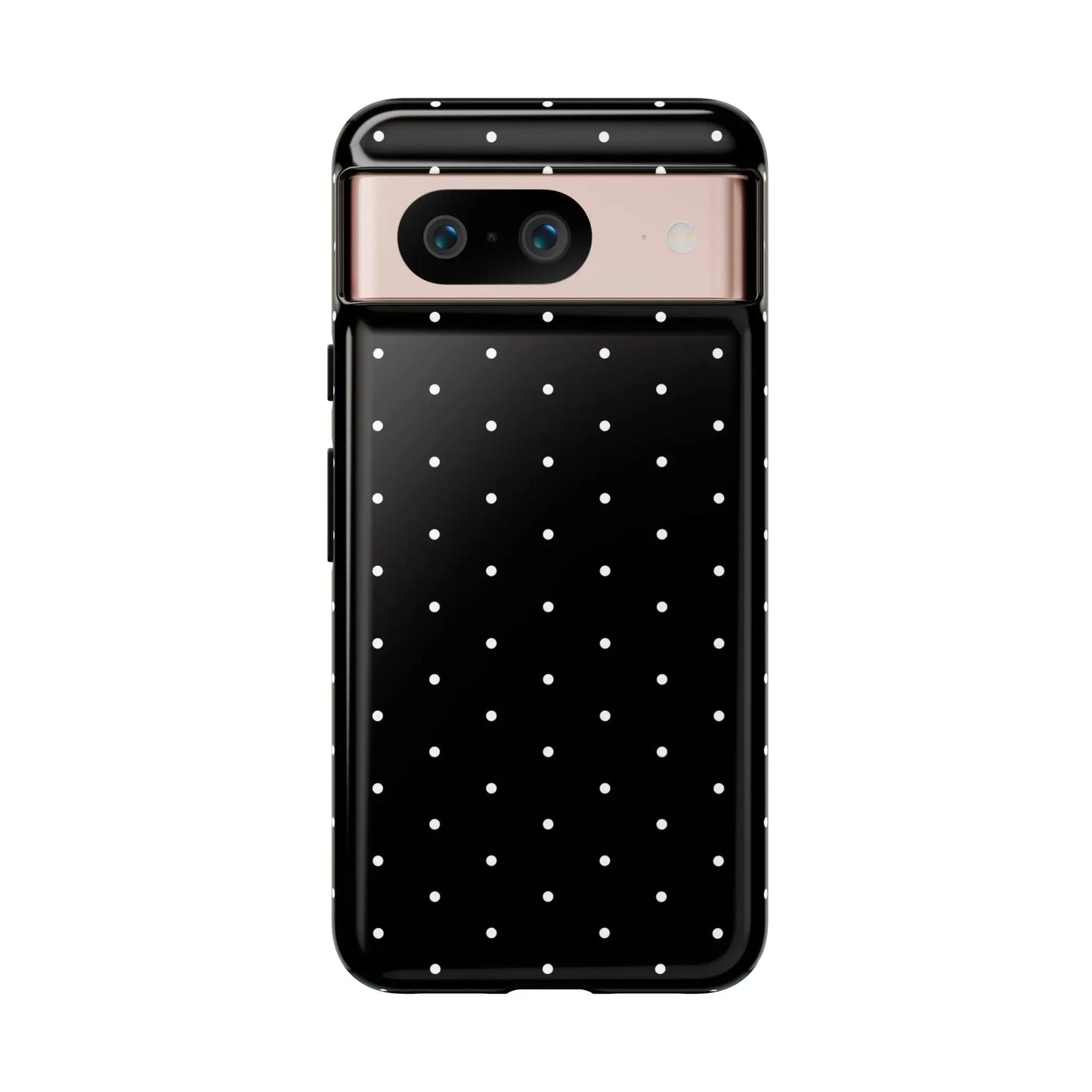 Back side of an elegant black tough phone case with white polka dots glossy finish and camera cutouts