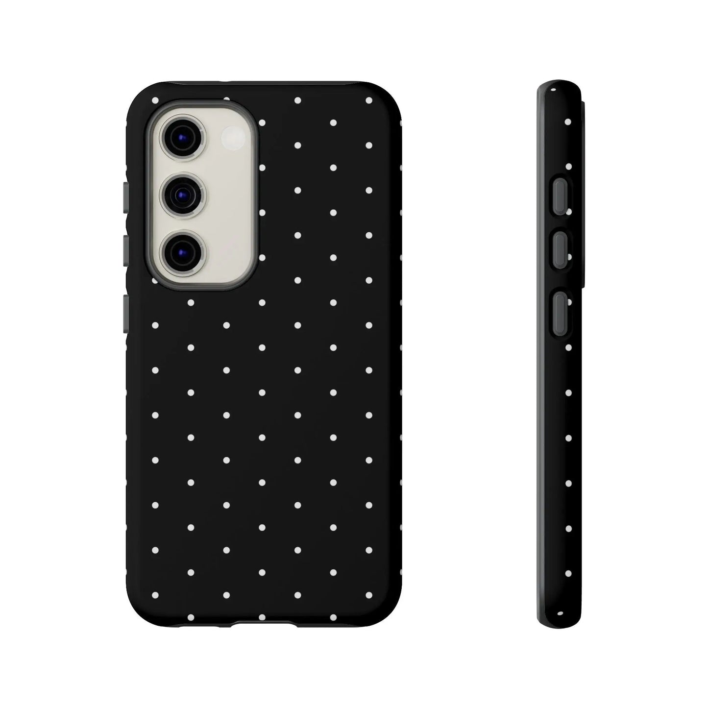 Back side of an elegant black tough phone case with white polka dots minimalist stylish protective cover