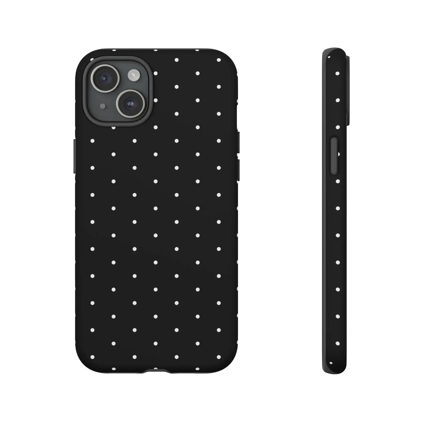 Back side of an elegant black tough phone case with white polka dots stylish protective minimalist design