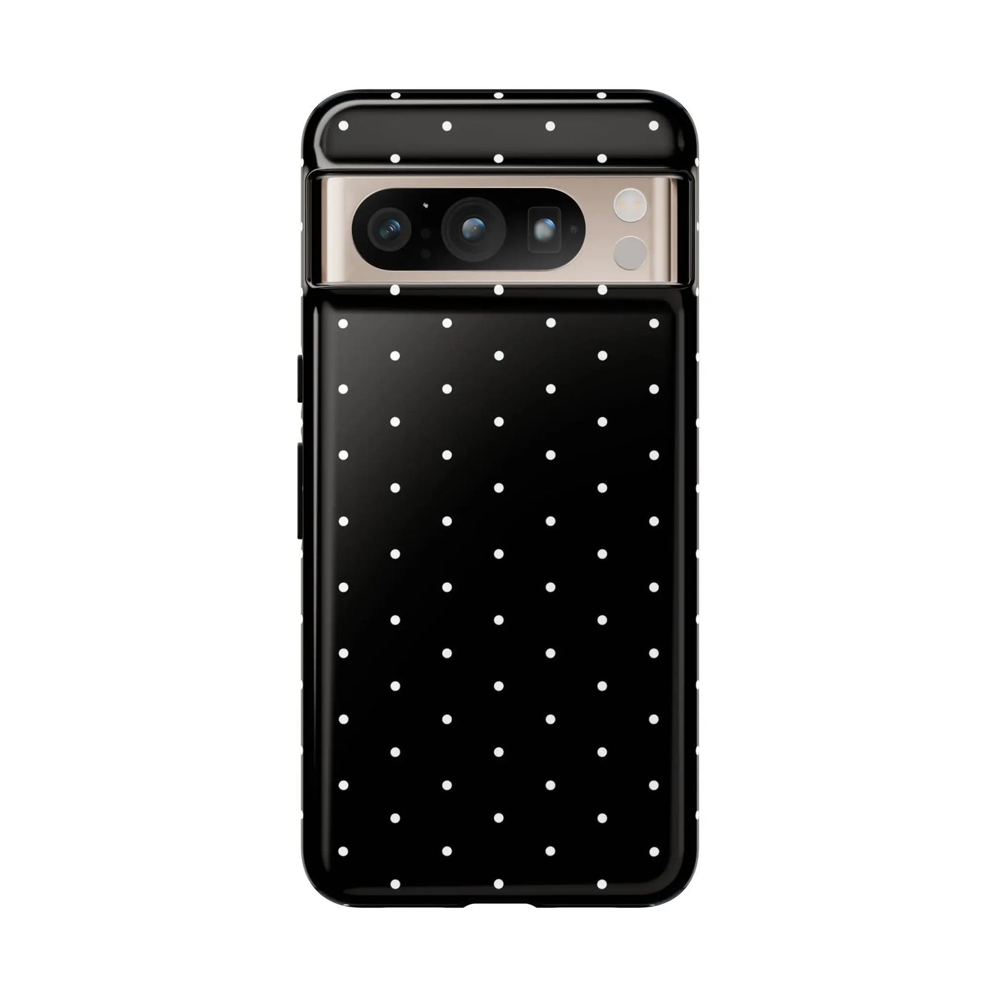 Elegant black tough phone case with white polka dots showing the back side of the stylish protective cover
