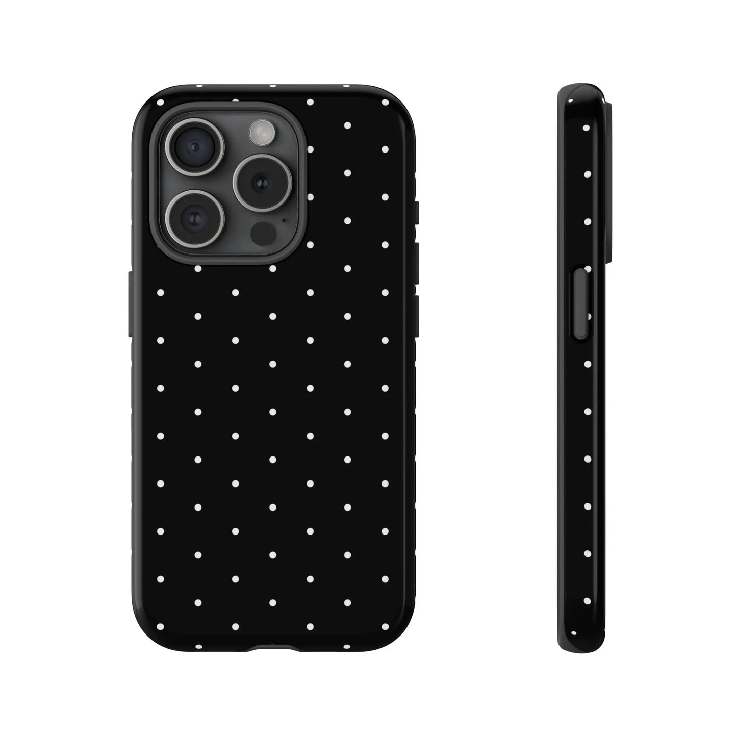 Back side of an elegant black tough phone case with white polka dots stylish protective cover for gift or birthday present