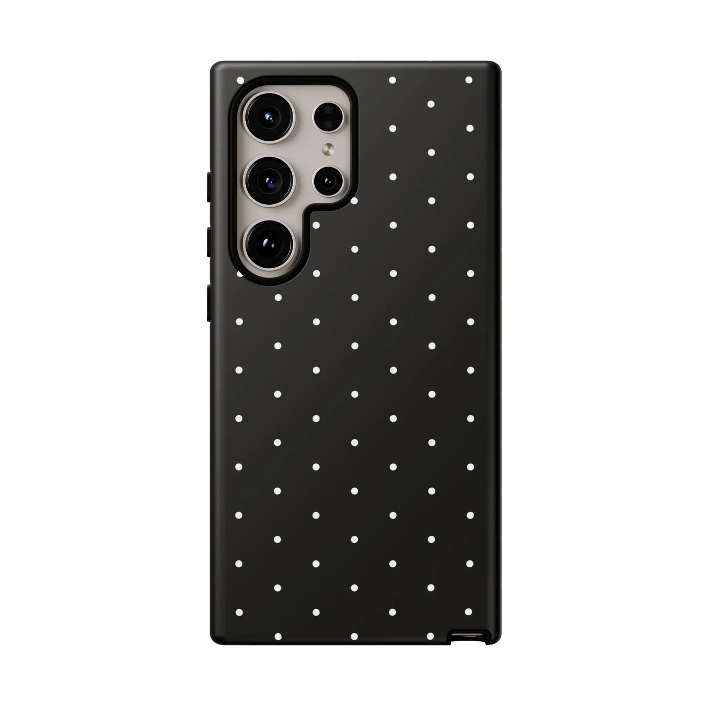 Black tough phone case with elegant black design and white polka dots shown from the back side