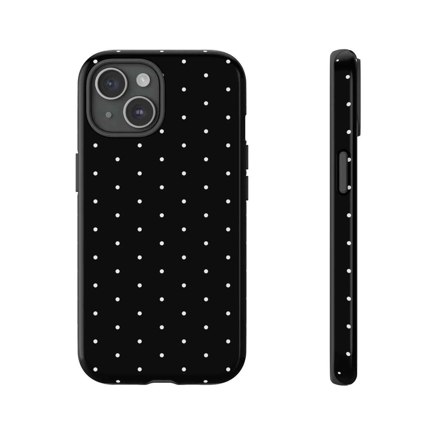 Back side of an elegant black tough phone case with white polka dots stylish protective minimalist design