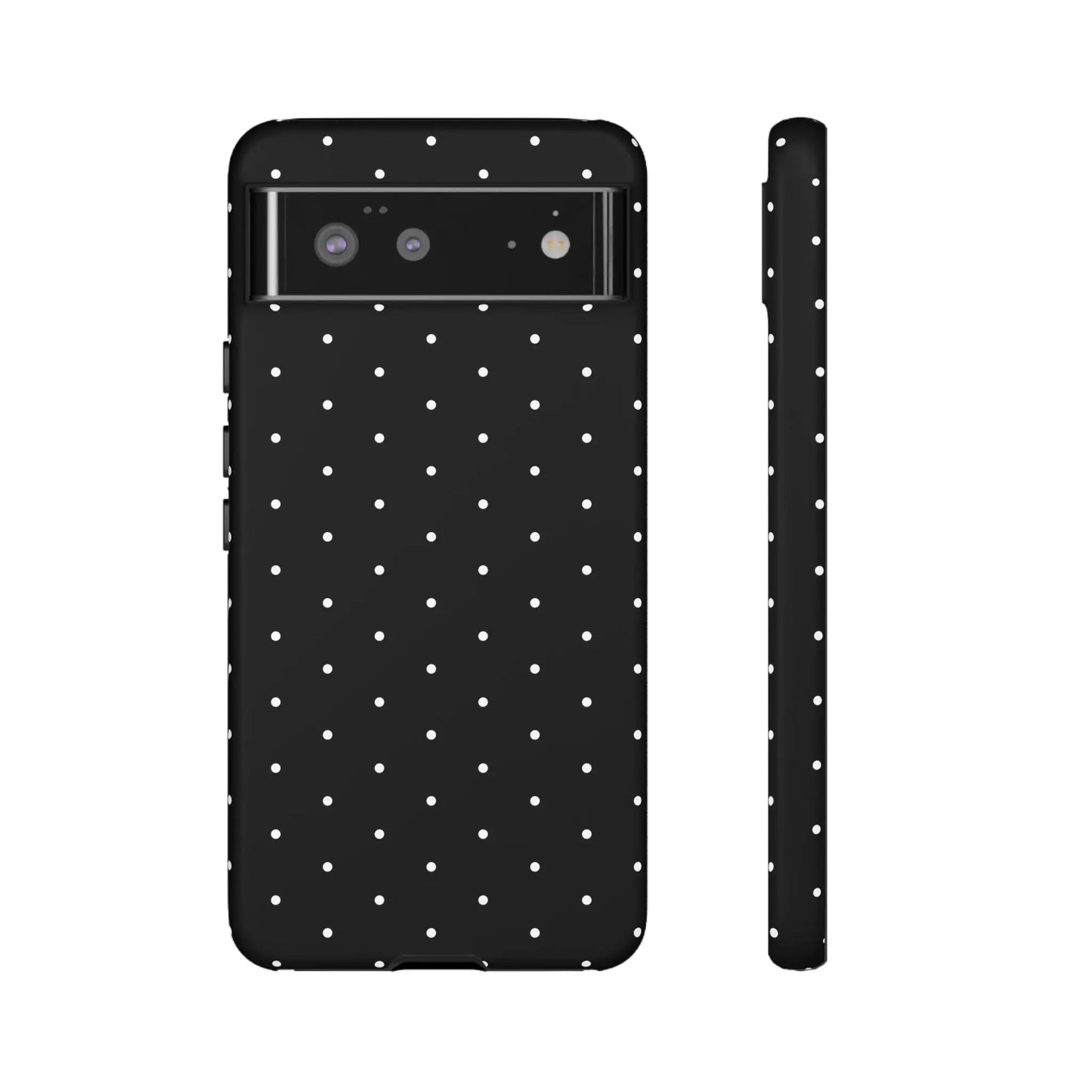 Elegant black tough phone case with white polka dots featuring minimalist design shown from back side