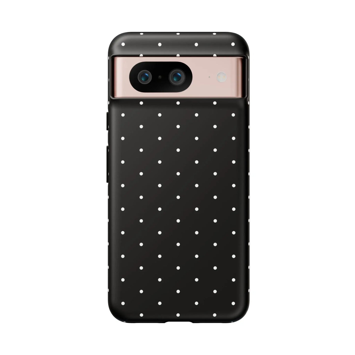 Back side of an elegant black tough phone case with white polka dots and rose gold camera cutout