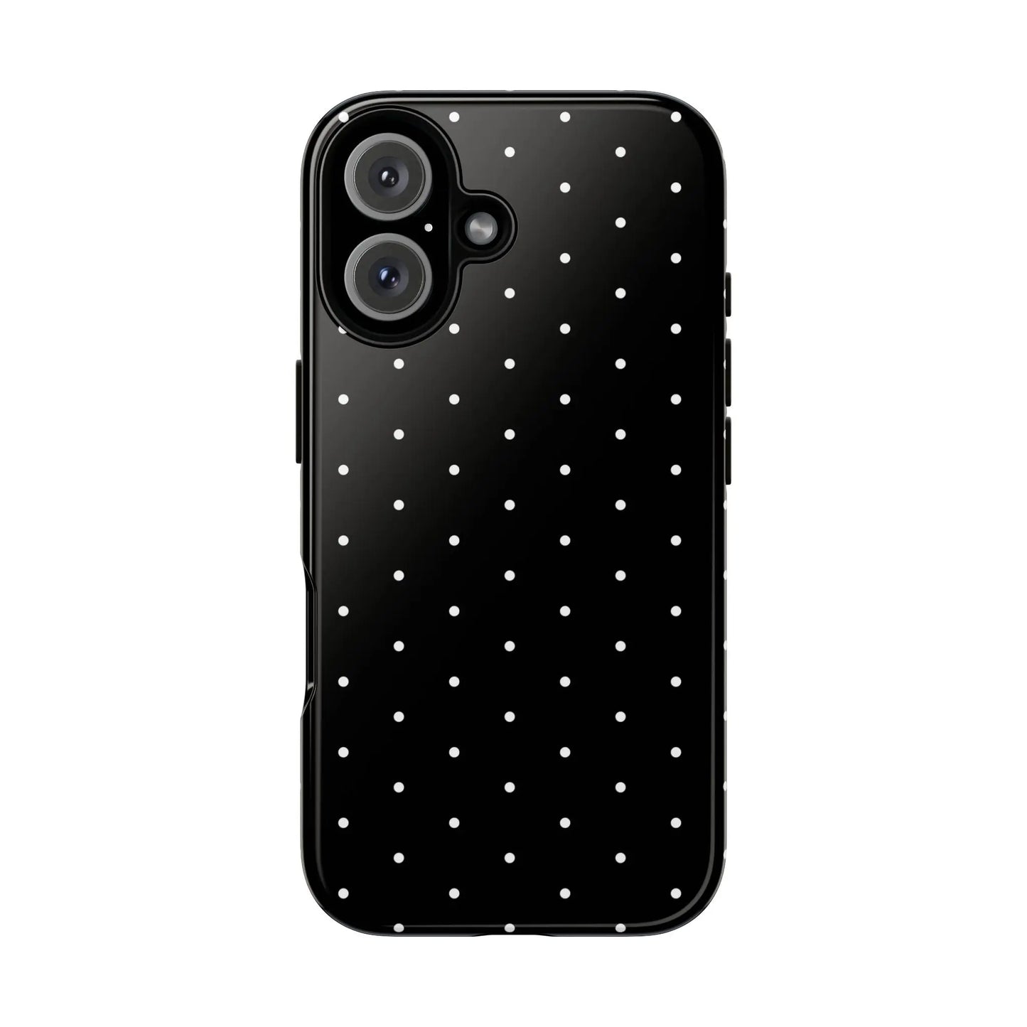 Black tough phone case with elegant black design and white polka dots shown from the back side