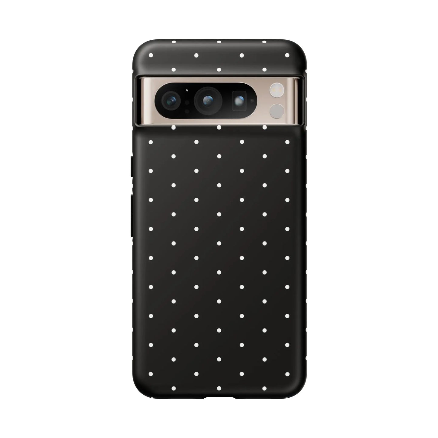 Black tough phone case with white polka dots showing the back side in an elegant black minimalist design