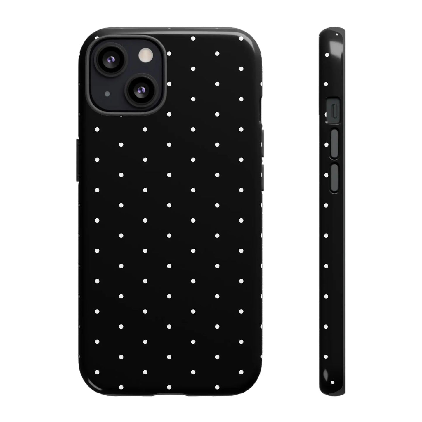 Back view of an elegant black tough phone case with white polka dots featuring a minimalist protective design