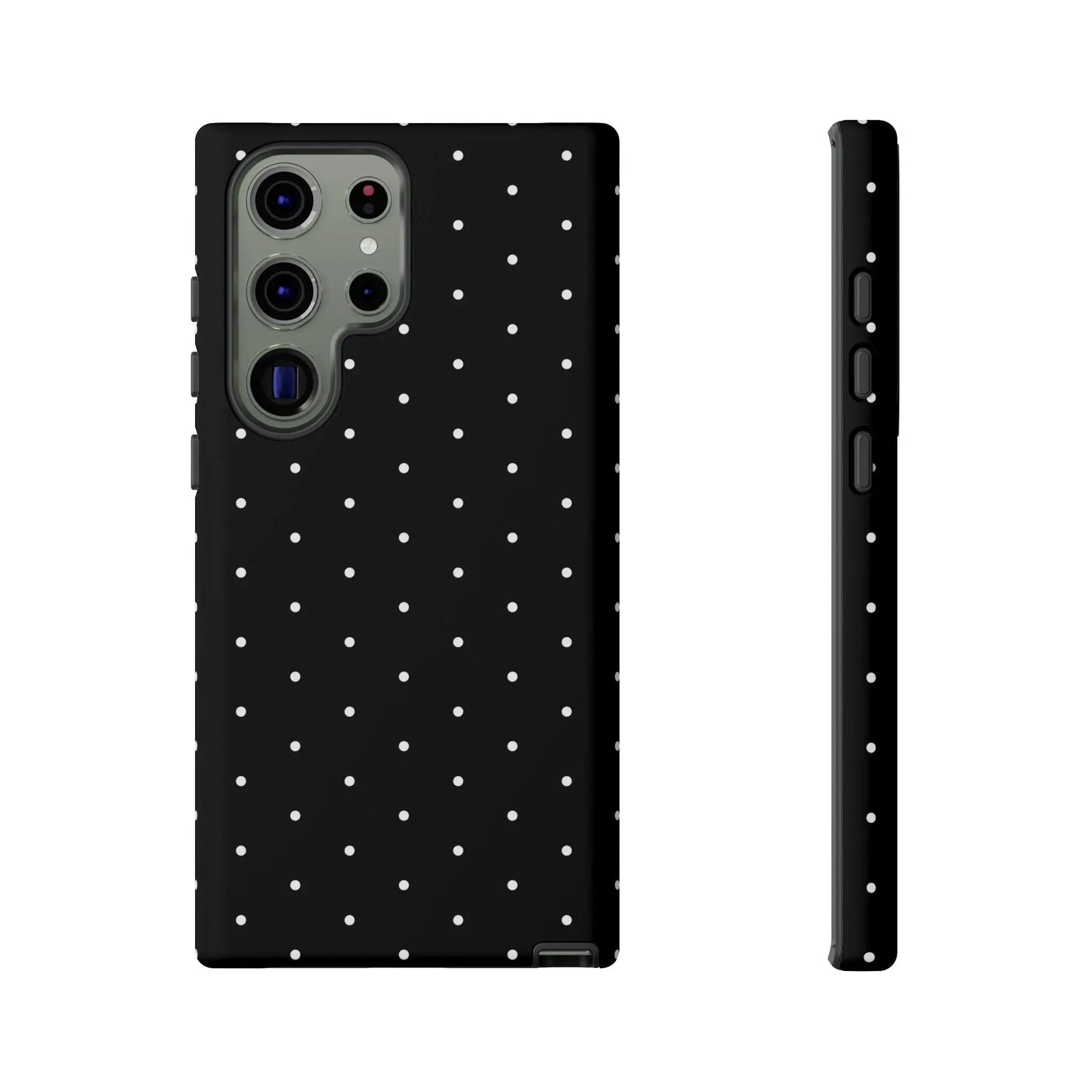 Back of an elegant black tough phone case with white polka dots stylish protective minimalist cover for her gift