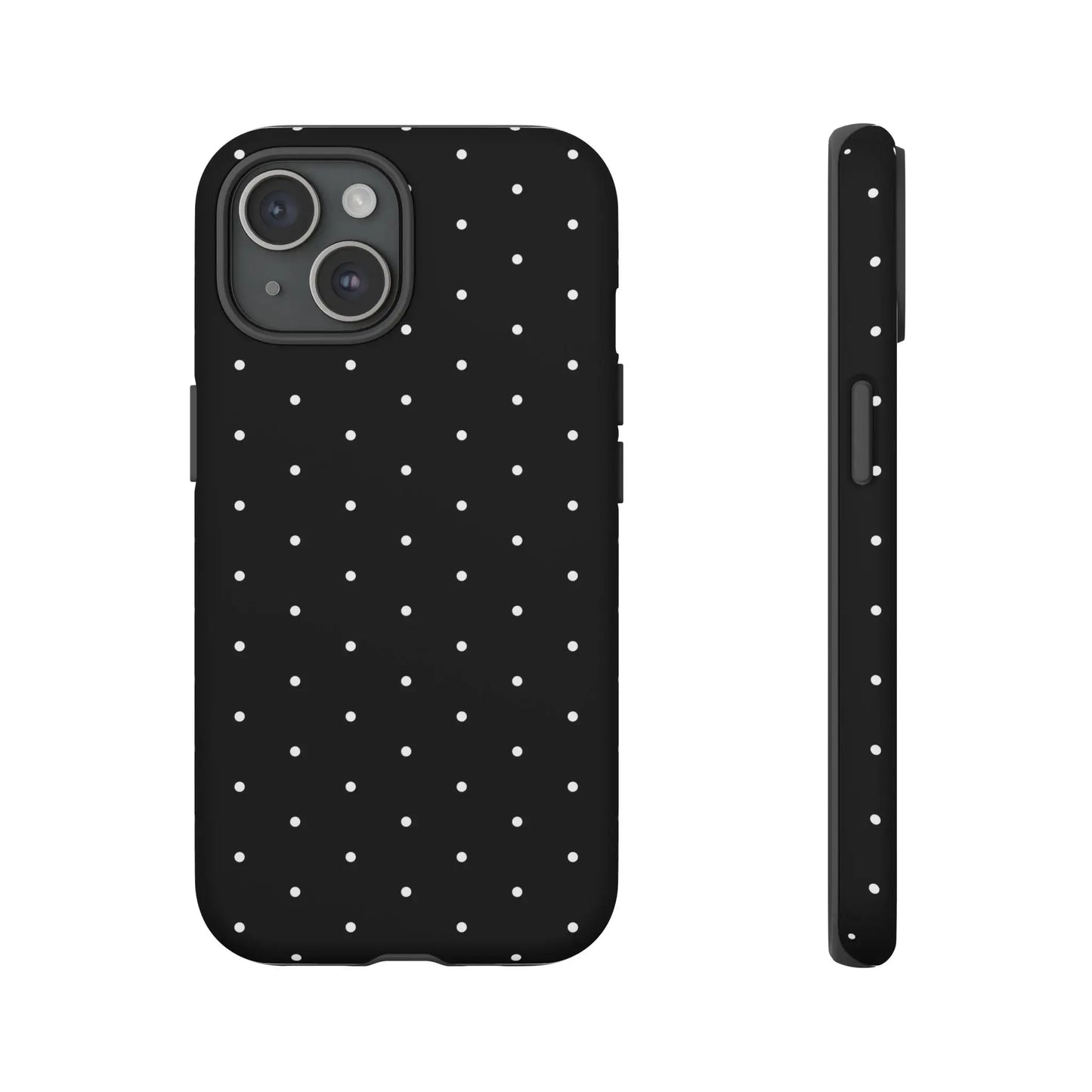 Elegant black tough phone case with white polka dots on the back, stylish protective minimalist cover gift for her