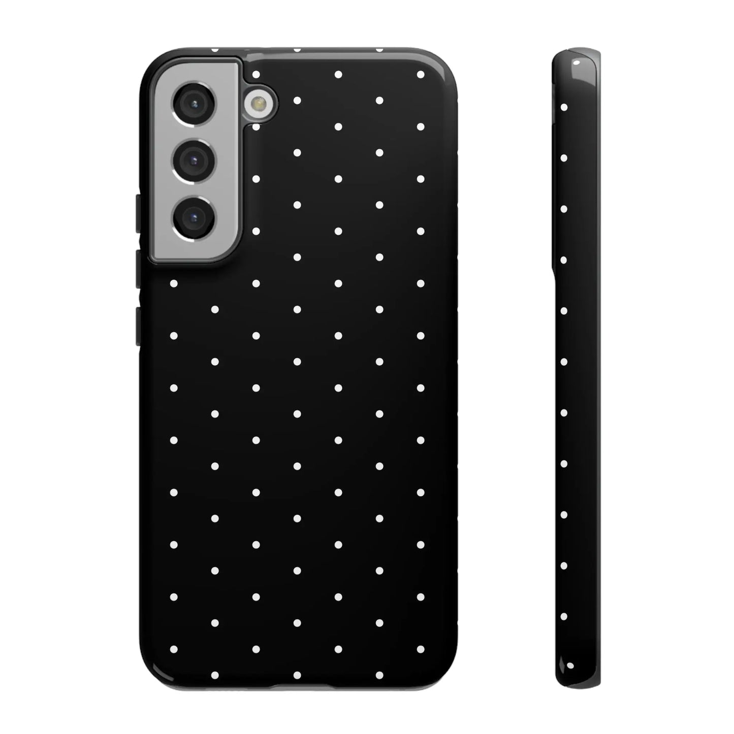 Back side of an elegant black tough samsung galaxy s21 phone case with white polka dots minimalist design