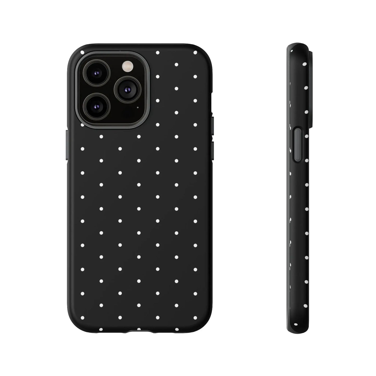 Back view of elegant black tough phone case with white polka dots minimalist stylish protective cover gift for her